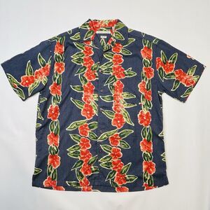 Robert Stock Blue Multicolor Textured Floral Hawaiian Aloha Shirt Mens Medium